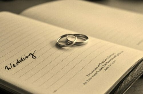 wedding rings lying on open book