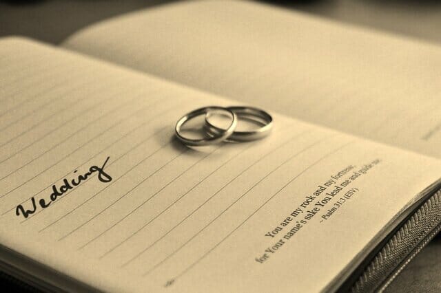 wedding rings lying on open book